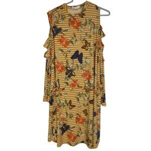Sz L Multicolor Floral Butterfly Cold Shoulder dress or long tunic Tan cream